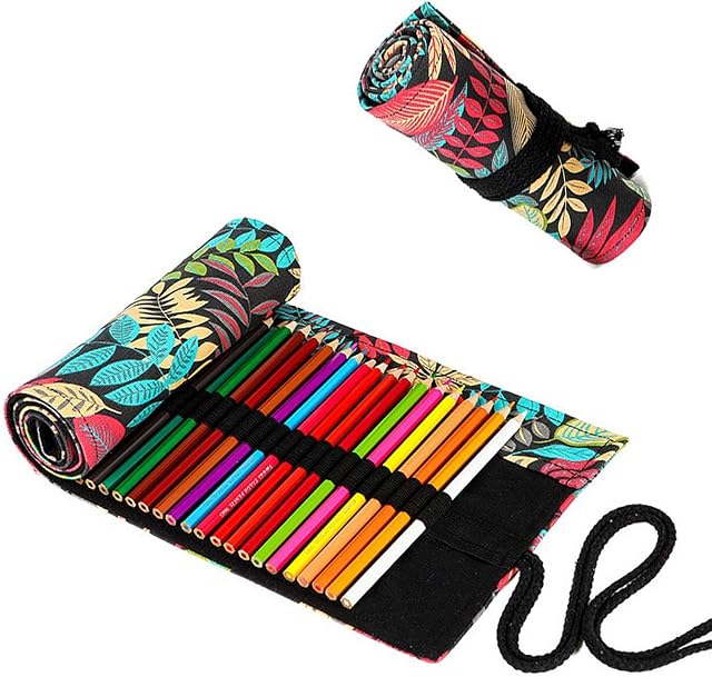 2 Pcs Canvas Pencil Roll Wrap Case,Leaf Design Canvas Pencil Case,Large-Capacity Pencil Case Color Pencil Sketch Stationery Bags,Pencil Roll Holder Storage Pouch for Artist,Travel(48 Holes)