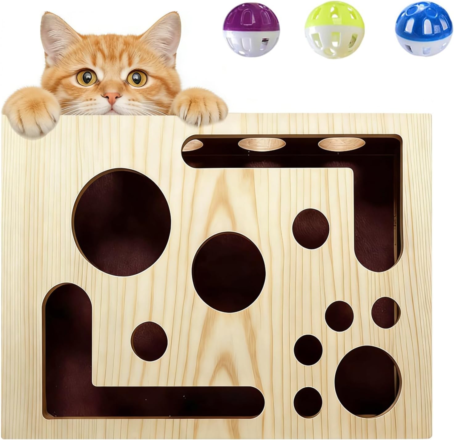 Cat Nail File Puzzle Enrichment Box, Nail Filing Scratch Toy with Sandpaper & Bell Ball - Interactive Maze for Indoor Cats, Wooden Interactive Maze Toy Self-Play Hunting Claw Care Box