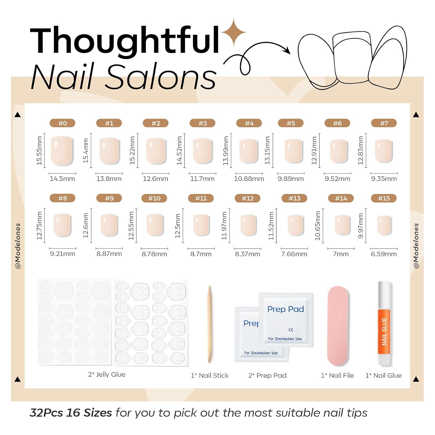 Modelones Extra Short Press on Nails, Milky White Squoval Fake Nails, Reusable Nail Kit with Nail Glue Adhesive Tabs Mini Nail File, Nails Press Ons 32Pcs 16 Sizes, Spring Women Girl Gift