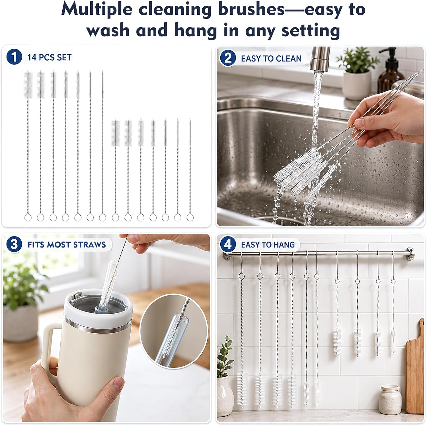 14 Pack Straw Cleaner Brush Set, 8 Inch and 12 Inch Multi-Size Flexible Nylon Cleaning Brushes, Rust-Proof Stainless Steel for Tumbler Cup, Sippy Cup, Water Bottle and Pipe
