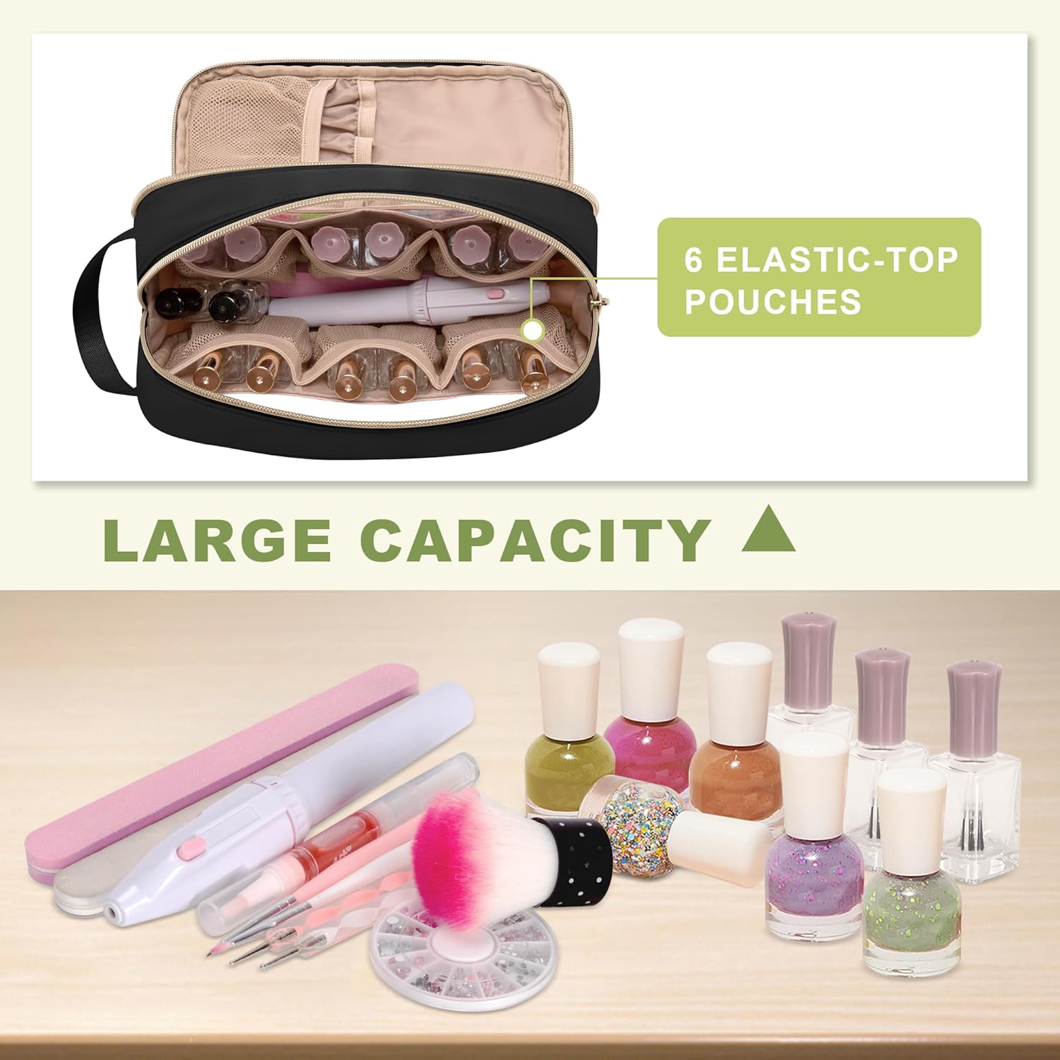Nail Polish Organizer Case Fits 12 Bottles (15ml), Nail Polish Supplies Storage Bag with Clear Window, Black