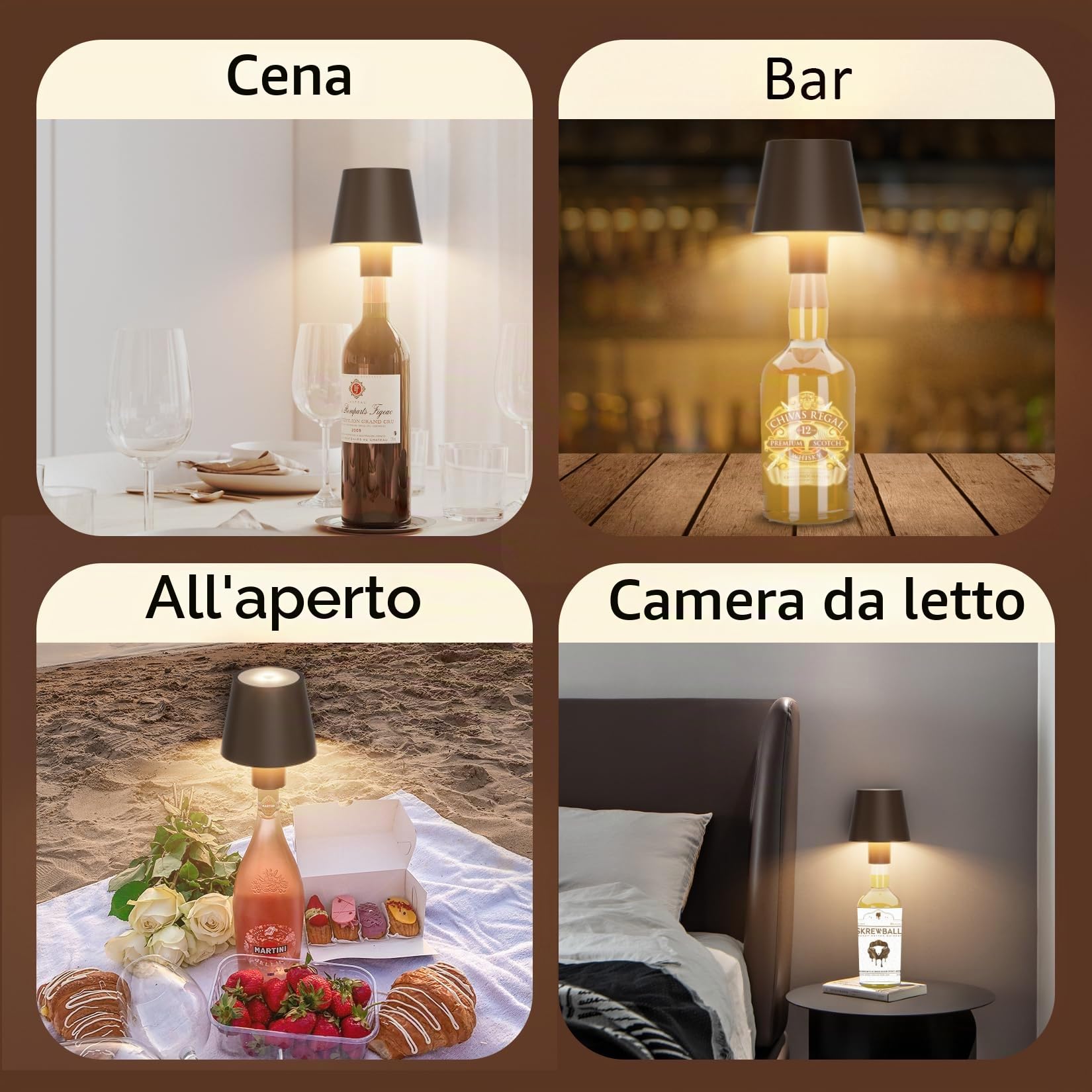 2 Pezzi Luce per Bottiglia Dimmerabile a LED senza fili, Luce per Bottiglia Portatile con Batterie, Lampada da Tavolo Tattile IP54 per uso interno/esterno, bar, ristoranti, Rosso ruggine