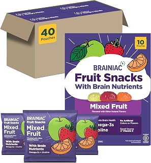 Brainiac Fruit Snacks, Brain Boosting Patented BrainPack Ingredients with Omega-3s DHA/EPA and Choline, Functional & Nutritious Snacks for toddlers and kids, Mixed Fruit, 40 count