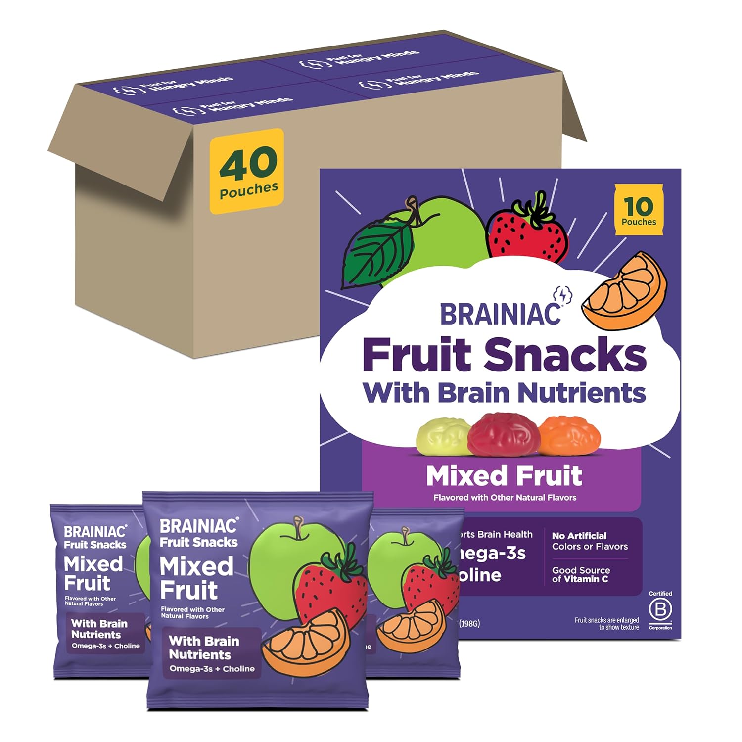 Brainiac Fruit Snacks, Brain Boosting Patented BrainPack Ingredients with Omega-3s DHA/EPA and Choline, Functional & Nutritious Snacks for toddlers and kids, Mixed Fruit, 40 count