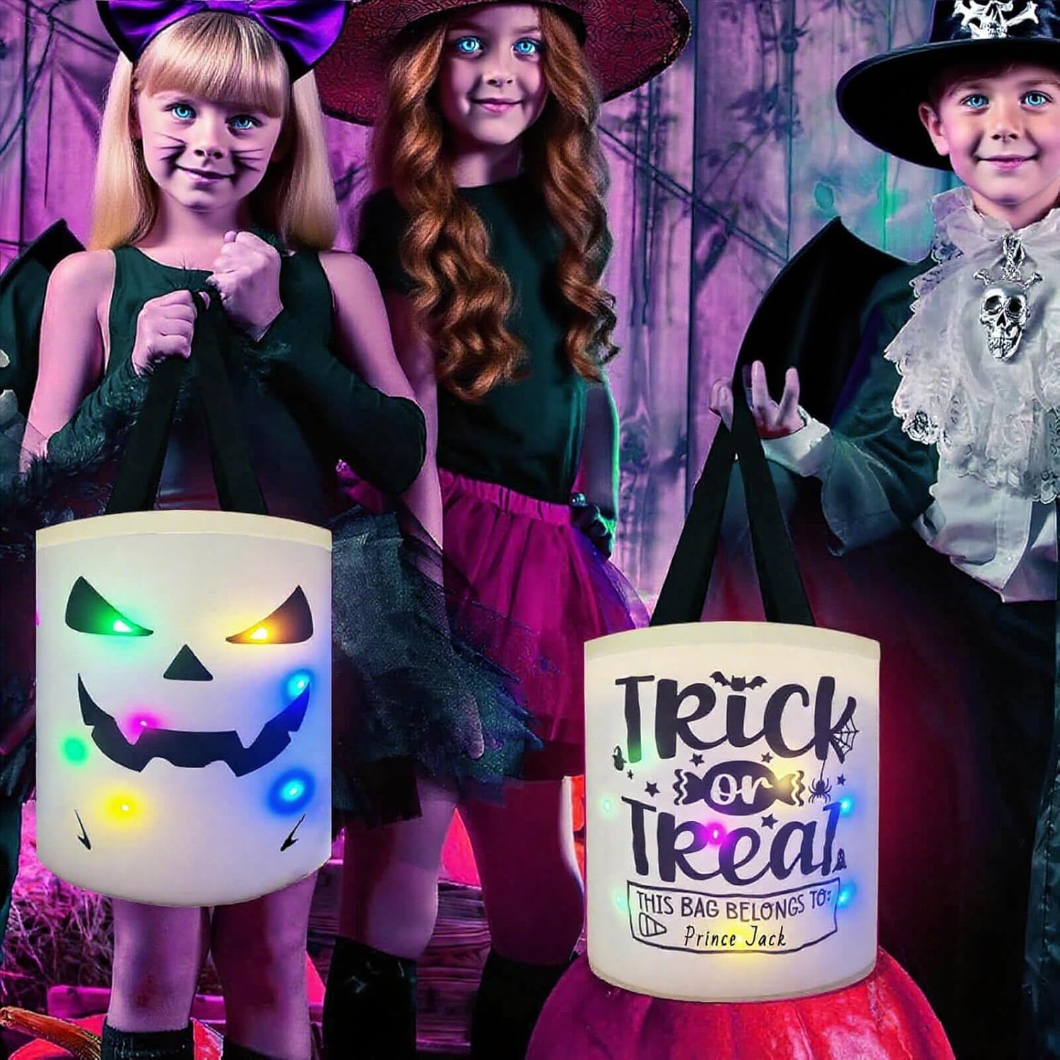 halloween trick or treat bags candy bucket, upgraded light up ghost basket decoration multipurpose reusable goody sweet buckets for scary night party supplies favors festival decor gifts 2 pack
