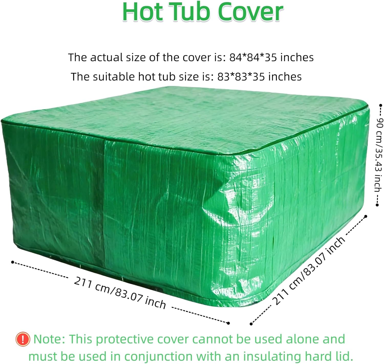 Outdoor Waterproof Hot Tub Cover, 83" x 83" x 35" Square Spa Cover Replacement with Wind Strap & Hook and Loop Closure Windproof Weatherproof Anti-UV Protector 170G PE Protective Cover Cap