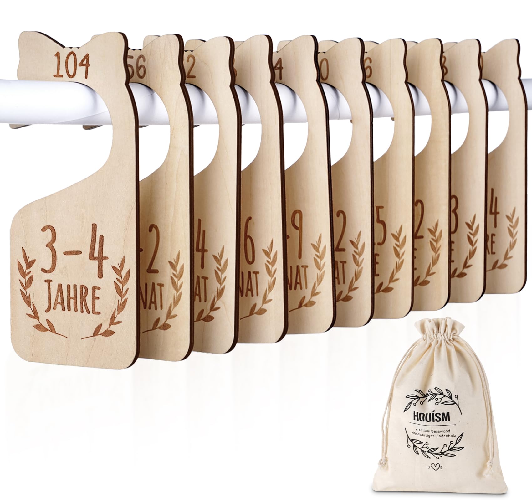 HOUISM 10Stück Größentrenner Baby Ankündigung Schild Holz, Gaderobentrenner Konfektionsgrößen 50-104, Babyschrank Trennwände Holz Baby-Kleidungs-Organizer(doppelseitig)