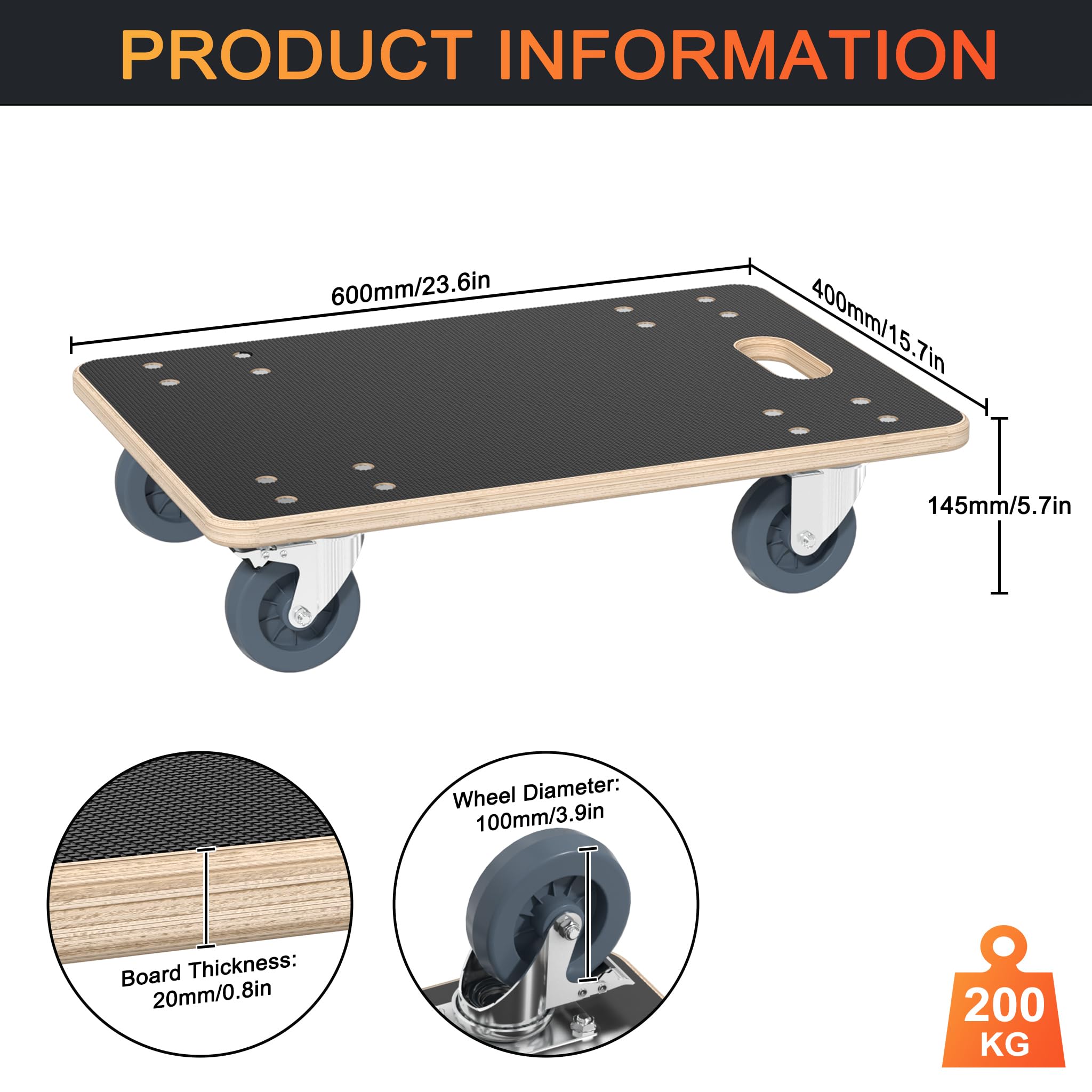 Wózek transportowy, 2 sztuki, do mebli, z regulowanymi kółkami, transporter 600 x 400 x 145 mm, pomoc transportowa do przeprowadzki, transportu mebli, maks. nośność 200 kg