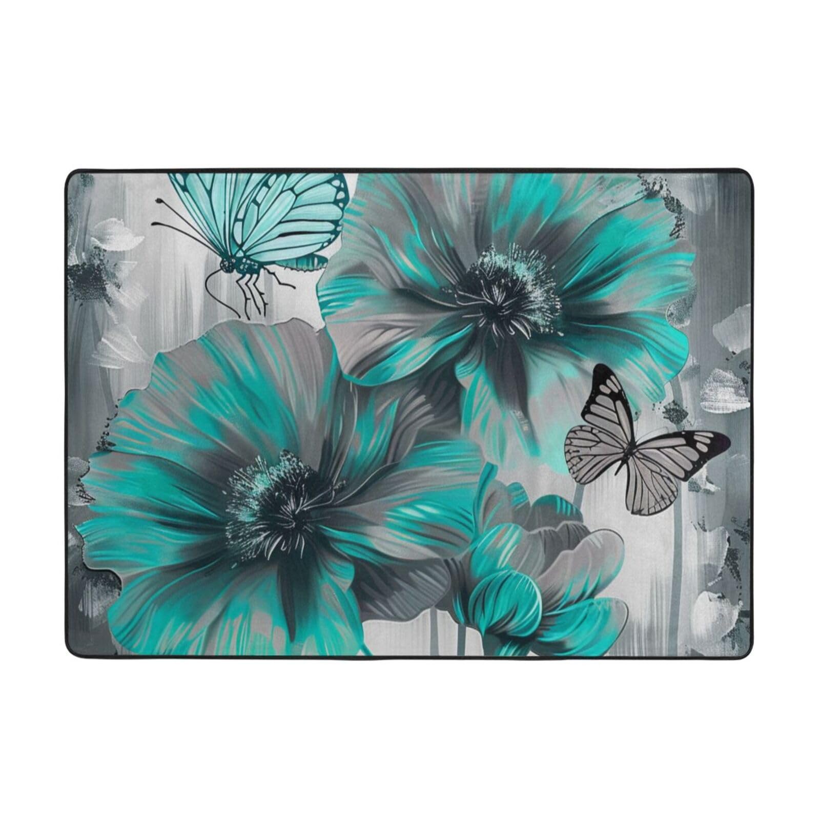 Tapis de sol en flanelle pour chambre et bureau au motif de fleurs gris sarcelle