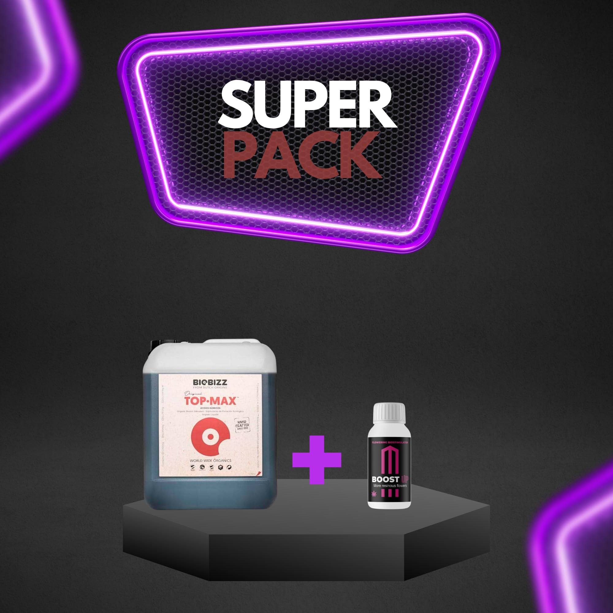 GROWMANIA Top Max de BioBizz 10L + Muestra Boost Up de Up Nutrients + Vaso Medidor | Fertilizante de Floración para Agricultura a Gran Escala | Potenciador de Floración y Fructificación