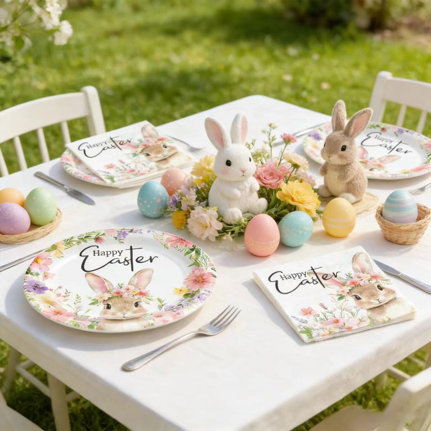50Pcs Easter Paper Plates and Napkins, 10" x 12.5" Large Happy Easter Oval Plates and 6.5" Napkins, Bunny Cross Flowers Disposable Heavy Duty Tableware Set for Spring Easter Party Supplies