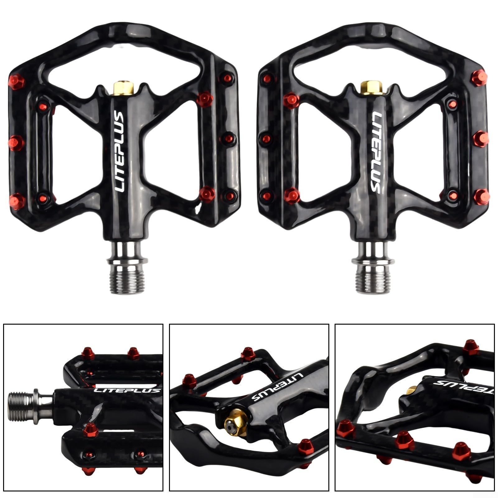 Pedales de bicicleta de carretera de fibra de carbono ultraligeros 180 g, par de rodamientos sellados, plataforma ancha, antideslizante, para MTB y bicicleta plegable, color negro