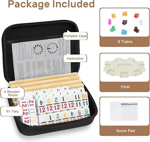 Miniatura 3 de Juego de dominó de tren mexicano con números y 4 bandejas/estantes de madera, juego de viaje de dominó doble 12 con 4 porta-fichas, juego de dominó