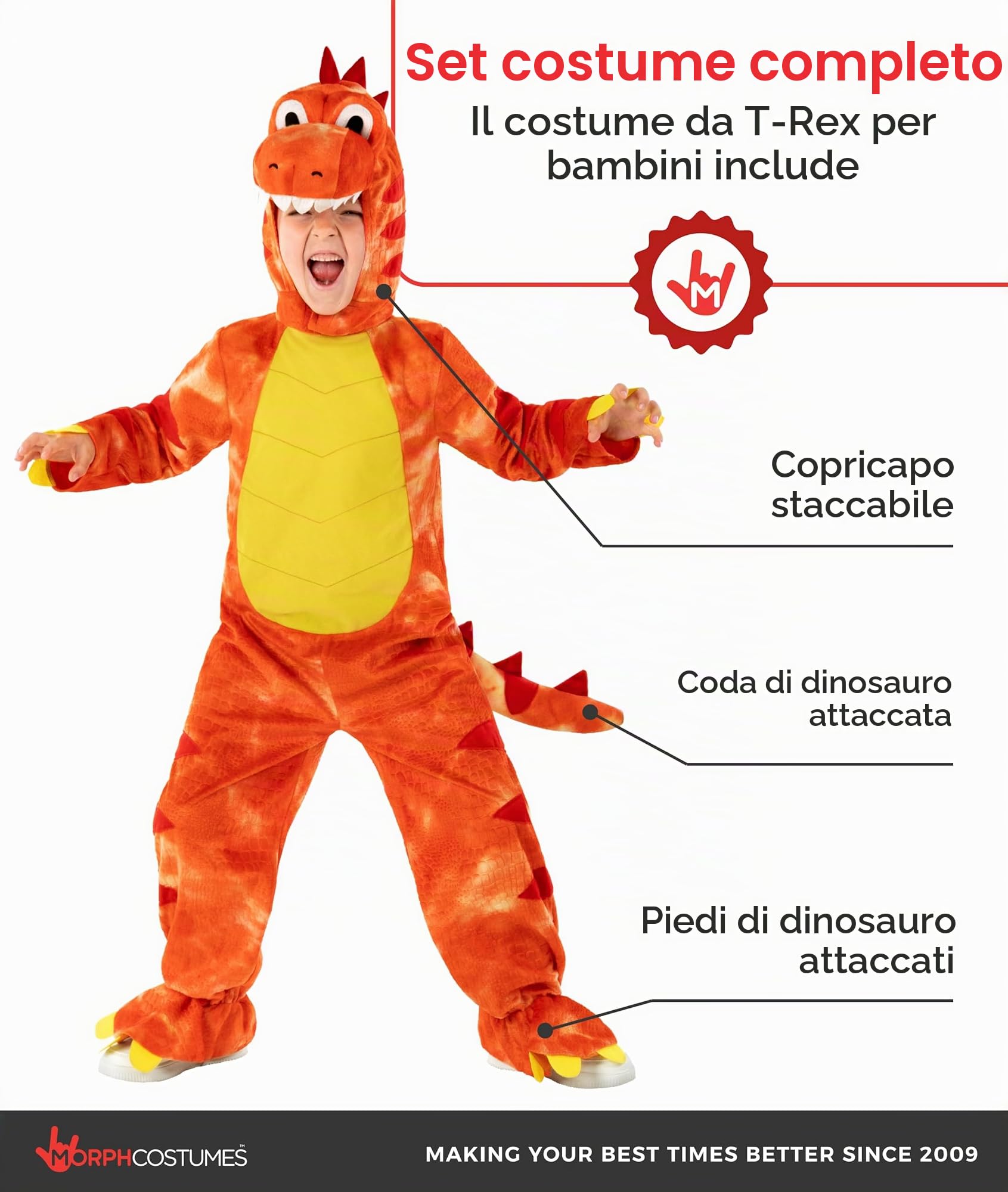 Morph Dinosauro Costume Bambino, Vestito Dinosauro Bambino | Tuta con Coda & Copricapo, Velluto Arancione Goffrato, Da Infilare, Perfetto per Halloween, Ideale per il Gioco di Ruolo