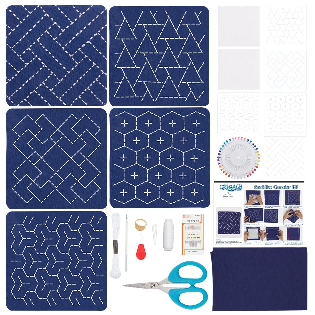 ORIGACH 5 Set DIY Sashiko Coaster Kit, Coaster Making Kit for Beginners Adults with Japanese Traditional Patterns, English Instruction