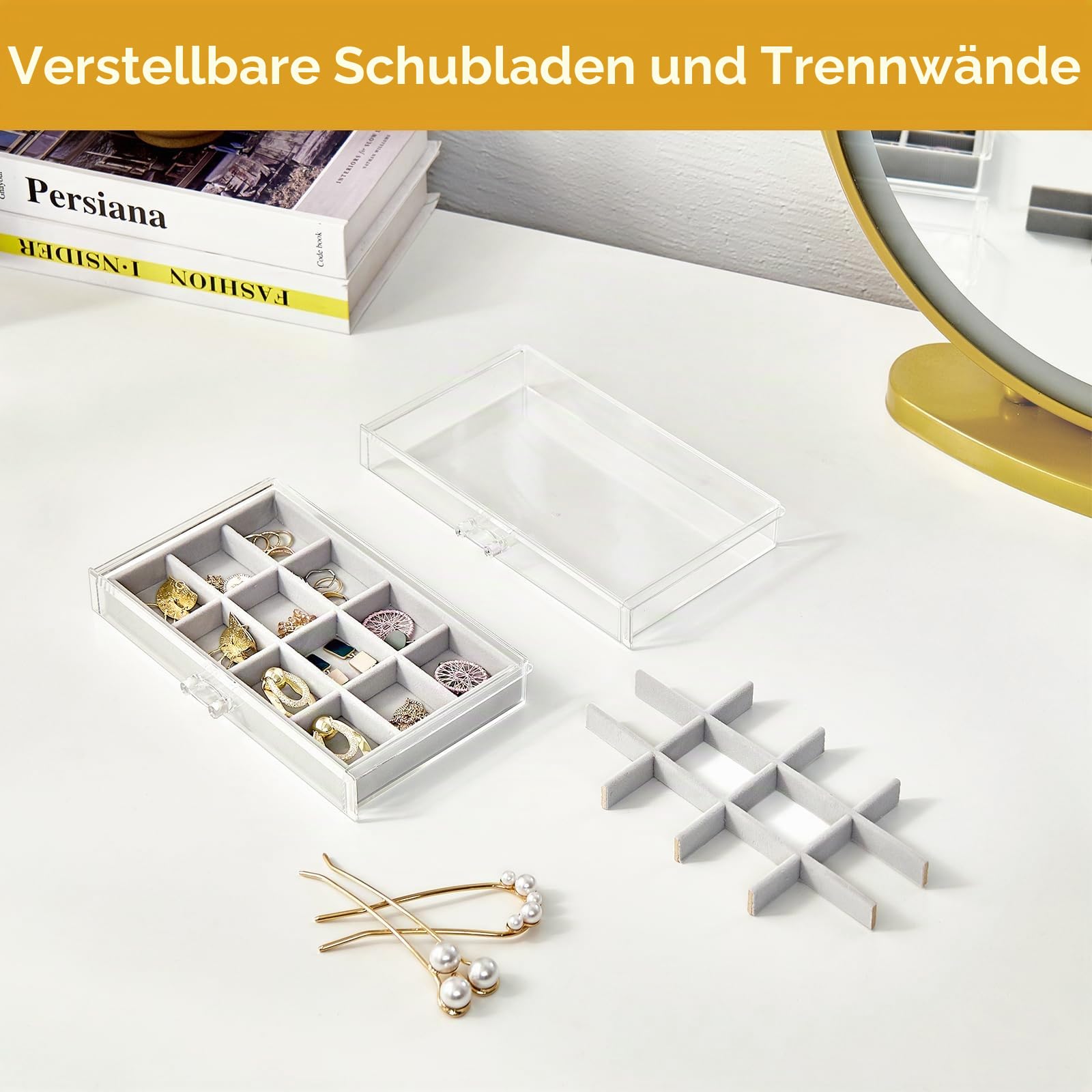 ProCase Acryl Schmuck Organizer Schmuckschatulle für Damen Durchsichtige Schmuckaufbewahrung Schmuckkästchen Schmuckbox mit 3 Schubladen für Ohrringe, Ringe, Armbänder -Grau