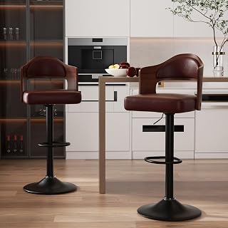 Nalupatio Modern Swivel Bar Stools Set of 2, Wooden Upholstered PU Leather Barstools with Back & Footrest, Counter Height Bar Chairs for Kitchen Island, Brown