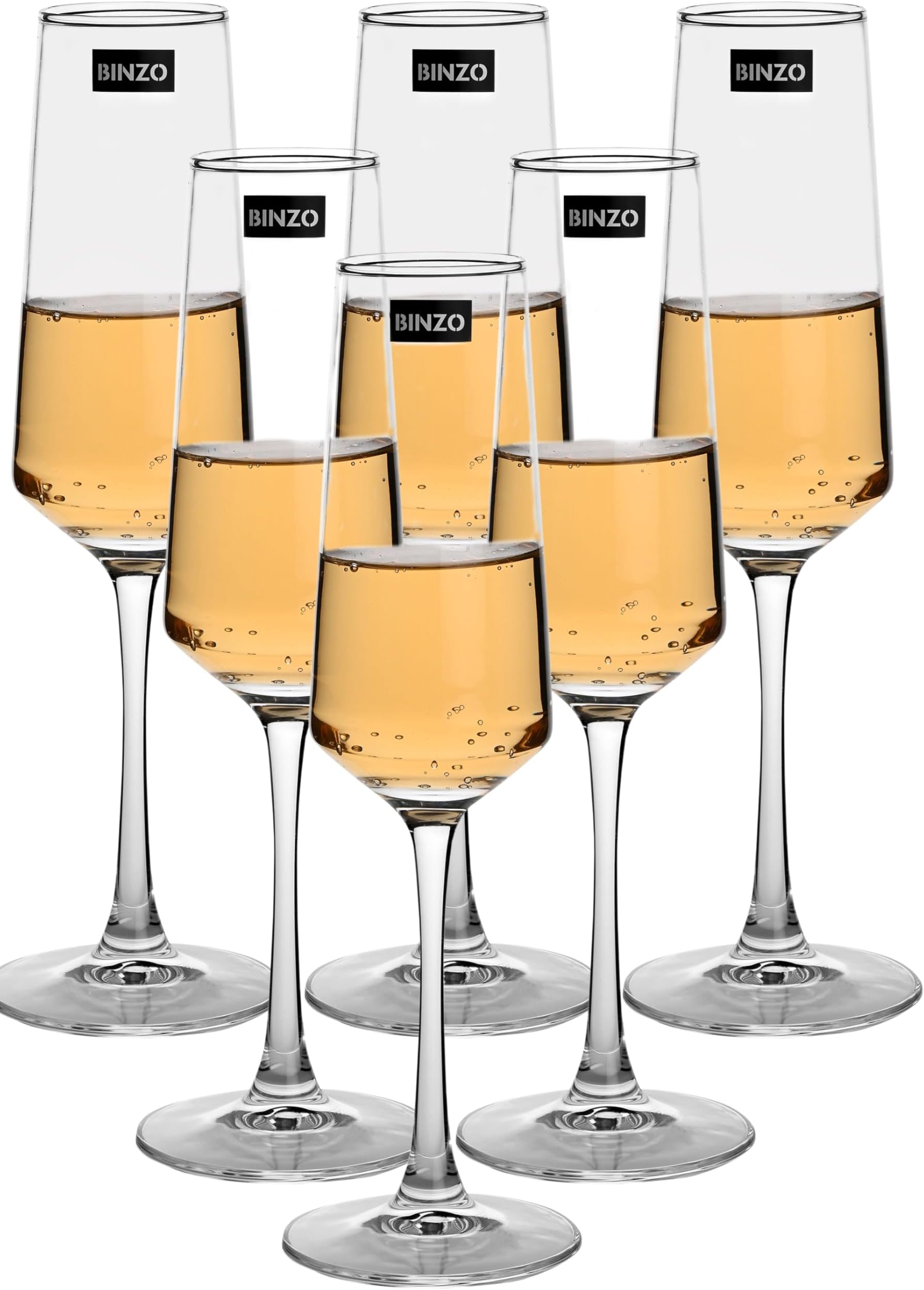 BINZO Crystal Champagne Flute Glasses, Set of 6, 250 ml, Slim Wine Glass, Premium Champagne Glass, Gift for Birthday, Wedding, Anniversary