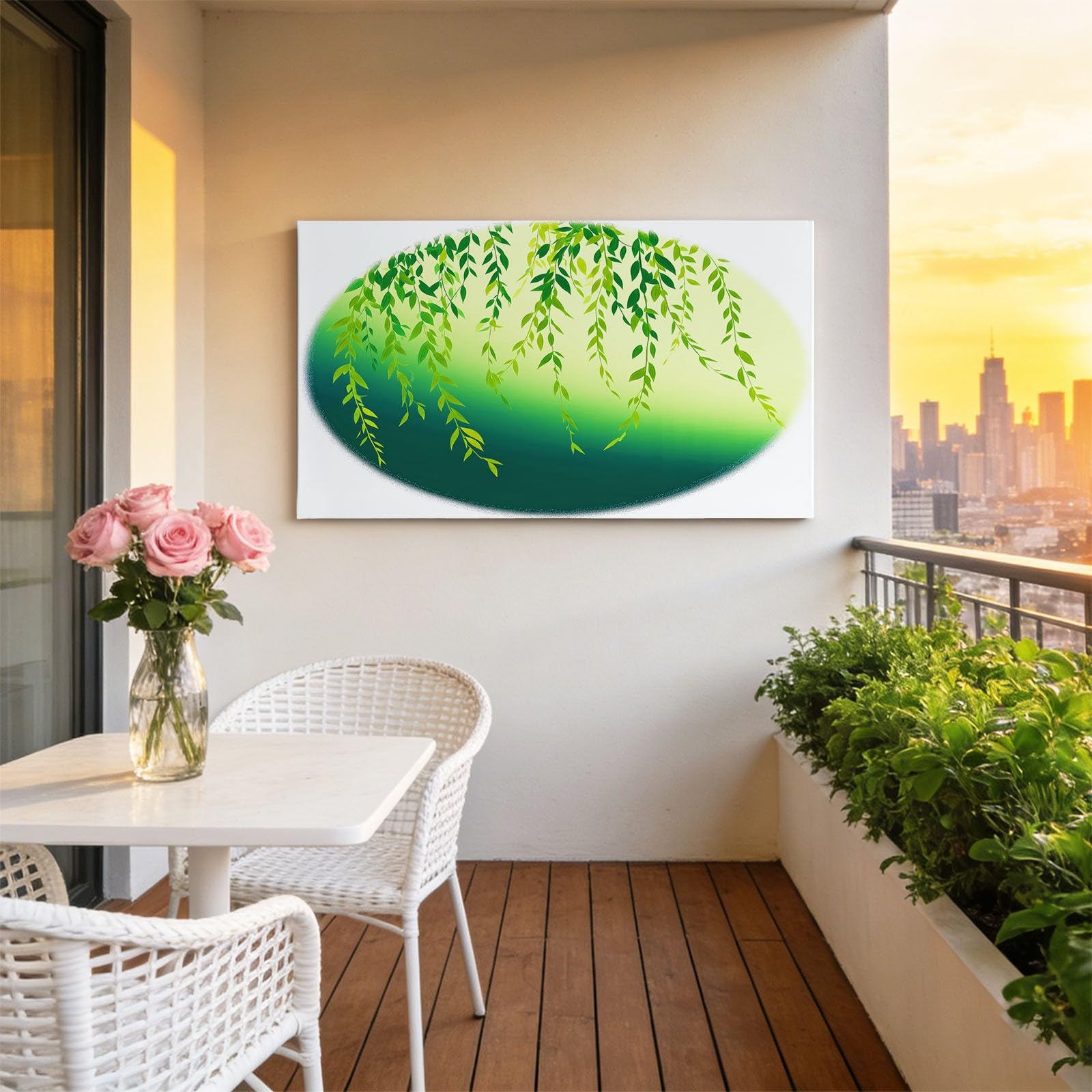 Generisch Leinwandbild mit Rahmen Grüne Weidenblätter 100x75cm Wandbild Kunstdruck auf Leinwand, Modern Wanddeko für Wohnzimmer Schlafzimmer Badezimmer Flur Dekoration