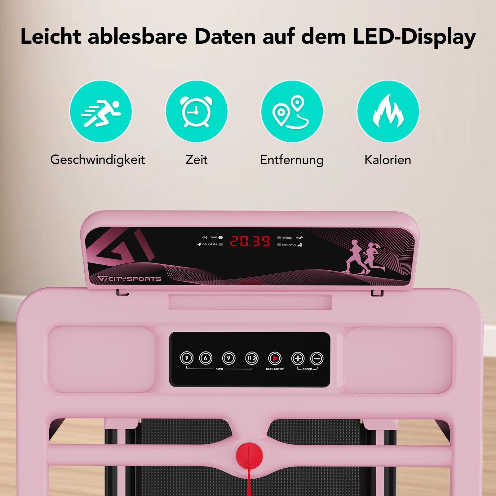 CITYSPORTS Elektrisches Laufband,Klappbares Laufband für Zuhause bis 12 km/h,mit LED-Anzeige,APP und 360° Tablet Holder,kompakte Walking Pad für Zuhause und Büro (Pink)