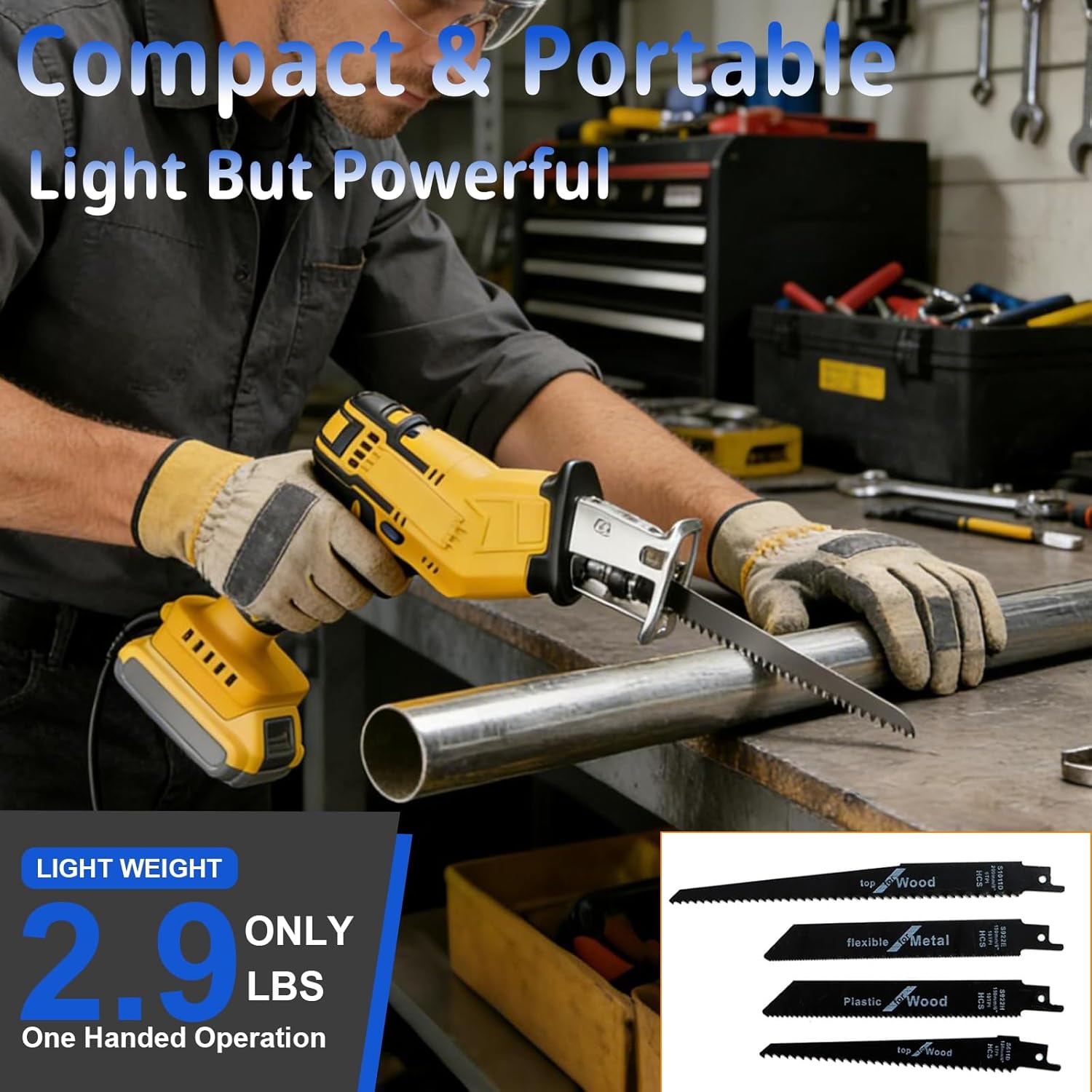 Cordless Reciprocating Saw Compatible with 20V MAX Battery, Mini Power Recipro Saw, 0-3500 SPM Variable Speed, Quick Easy Blade Change, 4 Blades Kit for Wood Metal PVC Cutting(NO Battery)