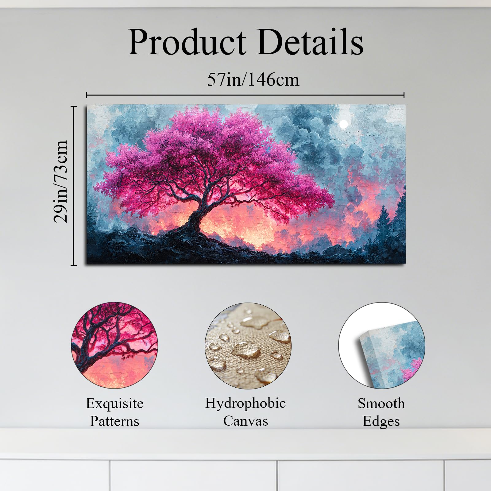 SERIMINO Quadro Moderno Albero Della Vita Vintage Piante 73x146 cm | Albero Rosa, Stampa HD, Tela Densa, Telaio Legno Massello, Install Facile, Usi Vari, Regalo