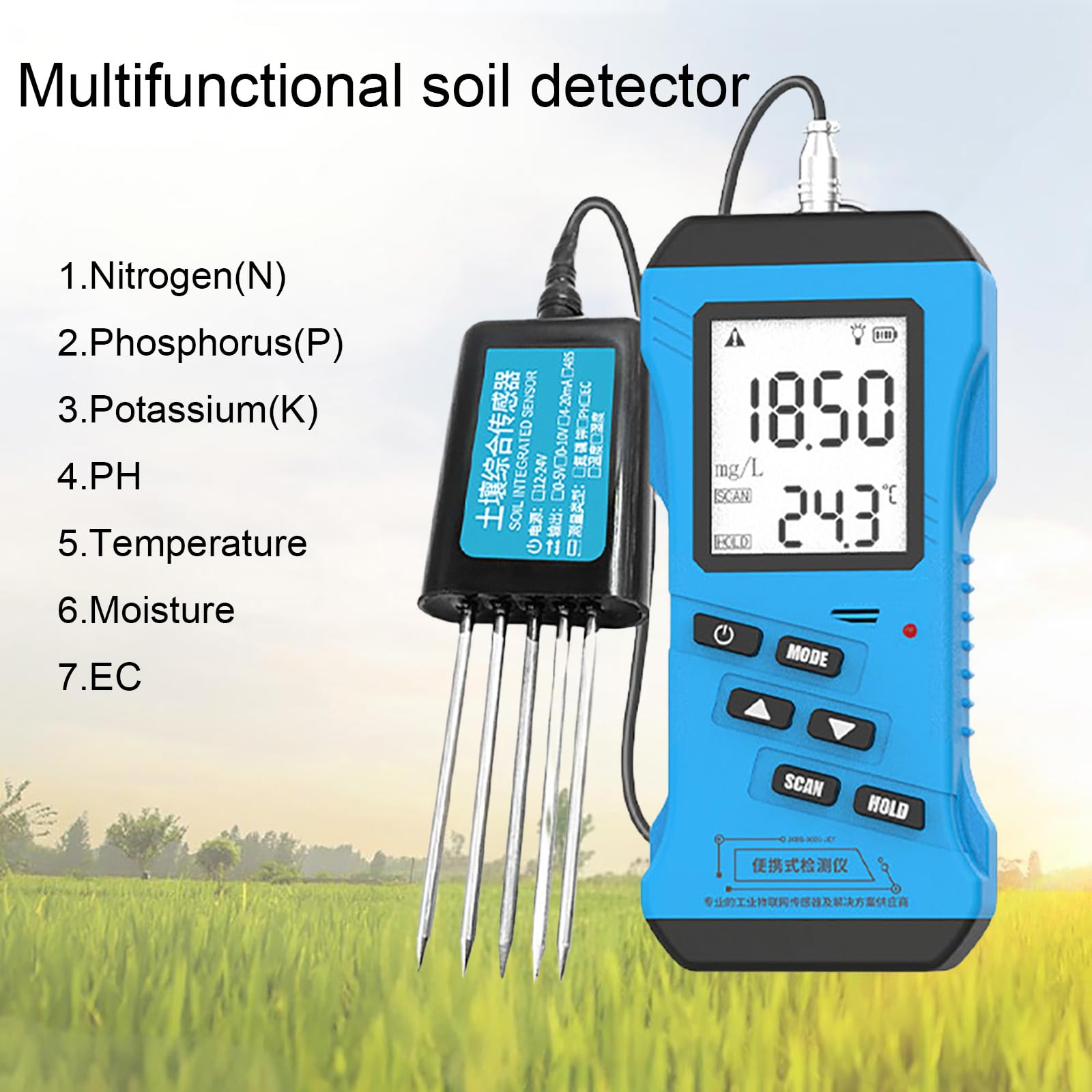 Analizador De Suelo 7 En 1: Nitrógeno, Npk, Fósforo, Potasio, Ph, Humedad, EC, Conductividad De Nutrientes, Alta Precisión, Digital Sensible, Prueba De Fertilidad del Suelo