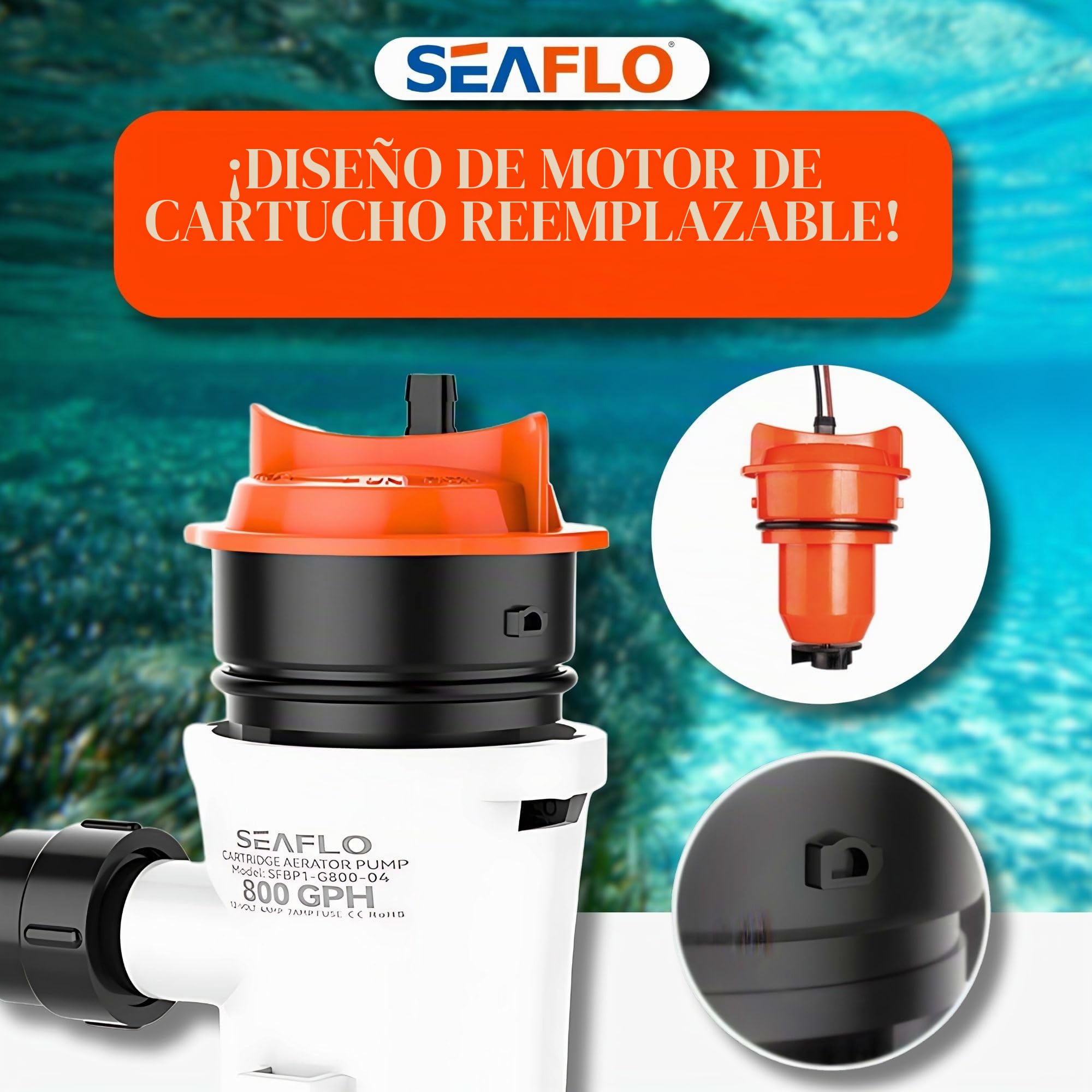 SEAFLO Bomba aireadora Livewell - 12 V, 800 GPH, sumergible, cartucho extraíble (recto)