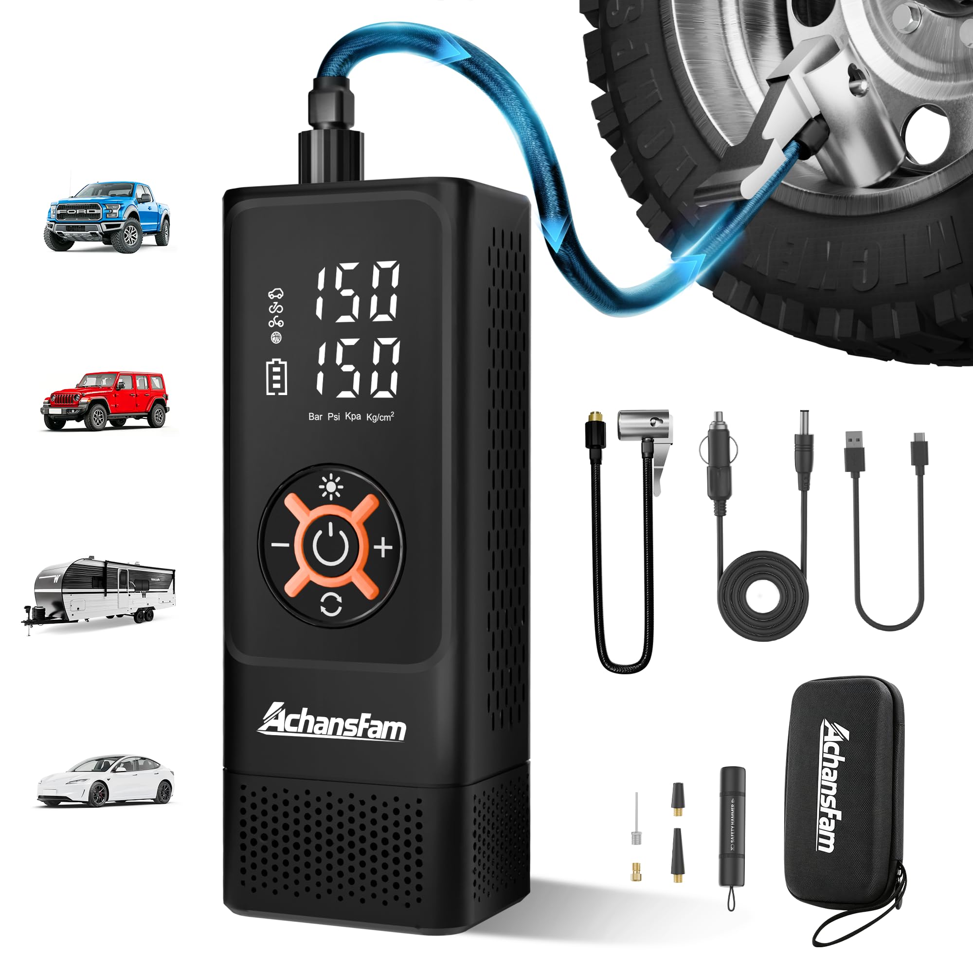 Compresor de aire portátil para neumáticos de coche, bomba de inflado de neumáticos inalámbrica 3 veces más rápida de 150 PSI, adaptador de larga duración y 12 V CC, con medidor digital, para