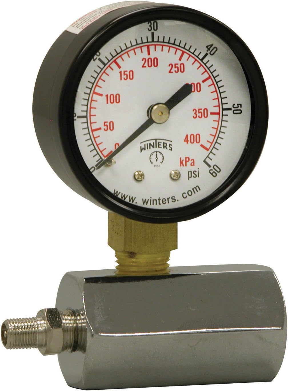 Winters PET Series Steel Dual Scale Gas Test Pressure Gauge with Polycarbonate Lens, 0-60 psi/kpa, 2" Dial Display, +/-3-2-3% Accuracy, 3/4" FNPT Connection