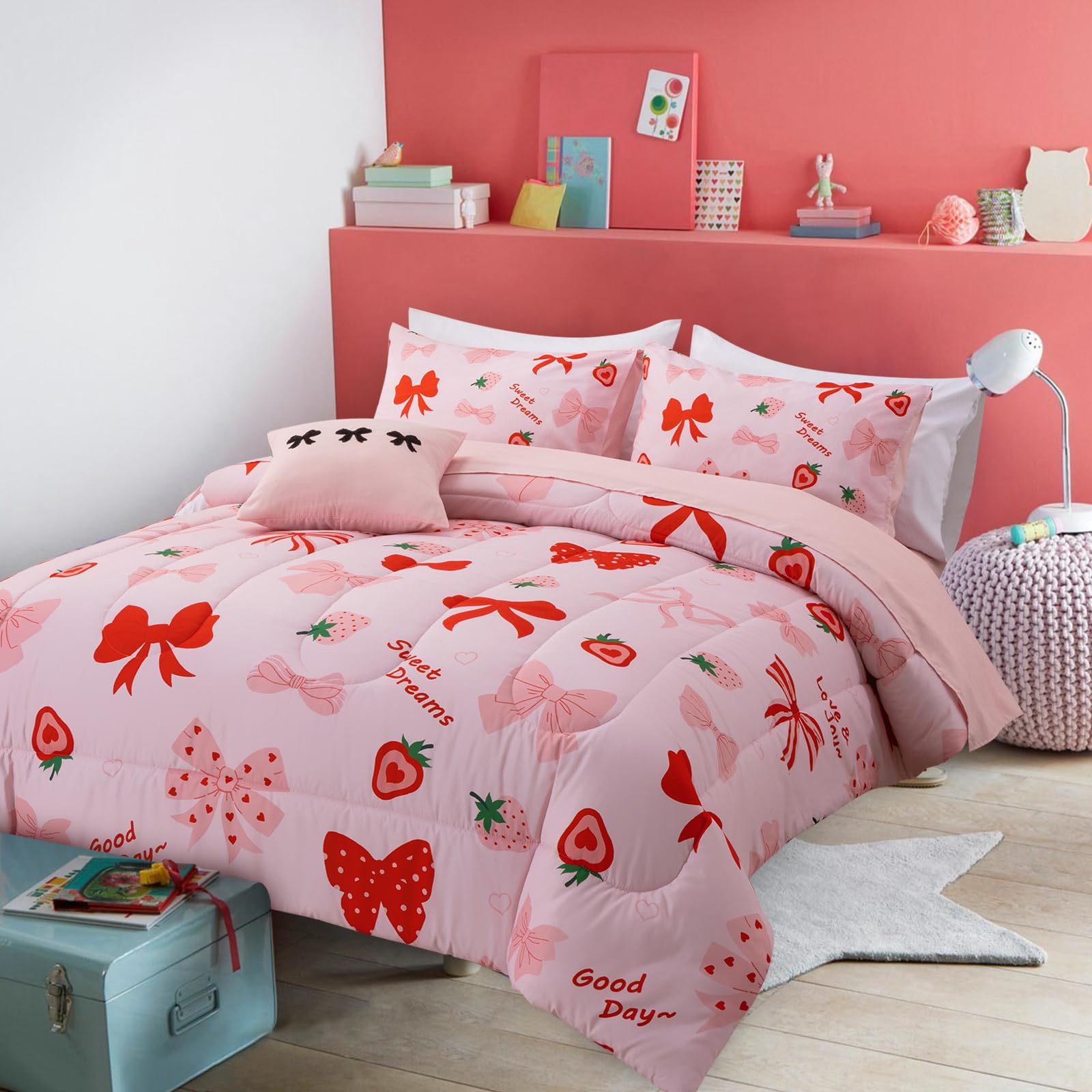 A Nice Night Red Bow Comforter Set,6 Piece Bed in a Bag Matching Sheet Set,Cute Ribbon Bowknot Bedding Sets,Princess Style Strawberry Printed,Light Pink Room Decor for Girls,Twin
