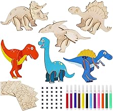 LUCKNIGHT Dinosaur Wooden Craft Sets for Children, 12 Pieces Dino Craft Set, 3D Puzzle Dinosaur Craft Set, Dino Party Bag Children's Birthday, Craft Set Children's Birthday for Boys 4 5 6 7 8 9 Years