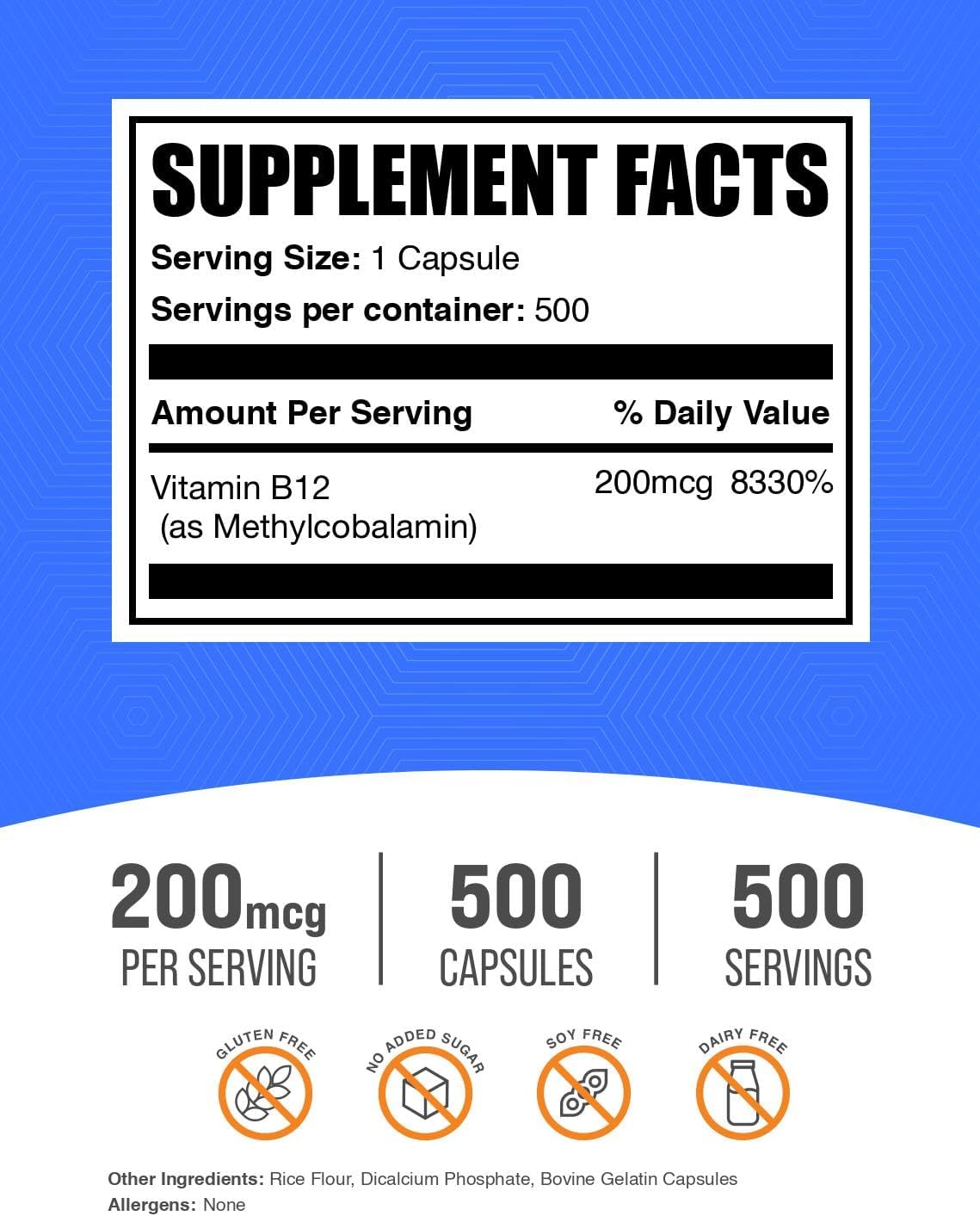 BulkSupplements.com Vitamin B12 Methylcobalamin Capsules - B12 Vitamin Supplement, B12 200mcg, for Energy Support - Gluten Free, 1 Capsule per Serving, 500 Capsules (Pack of 1)