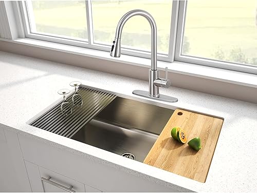 Miniatura 5 de Qomolangma - Grifo de fregadero de cocina con rociador desplegable, de una sola manija con diseño de arco alto, de acero inoxidable, con rociador