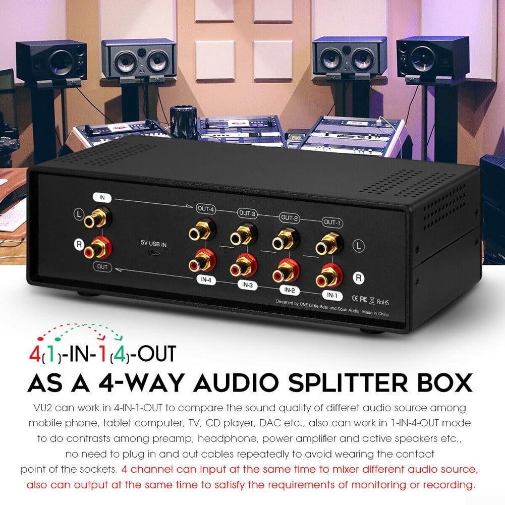 Conmutador de audio analógico VU, caja distribuidora estéreo de 4 canales con entrada de micrófono, indicador de nivel de sonido alimentado por USB para estudio y grabación, pantalla DB/ACG de modo
