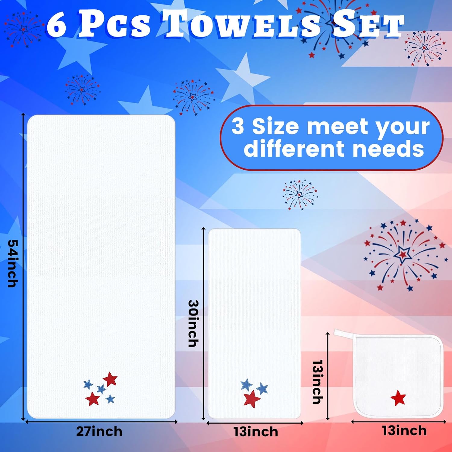 Peryiter 6 Pcs 4th of July Bath Towels Set 250th Anniversary Stars Embroidered Cotton Bathroom Decors Stars Hand Towels White Soft Absorbent Washcloths for Bathroom Shower Drying Independence Day