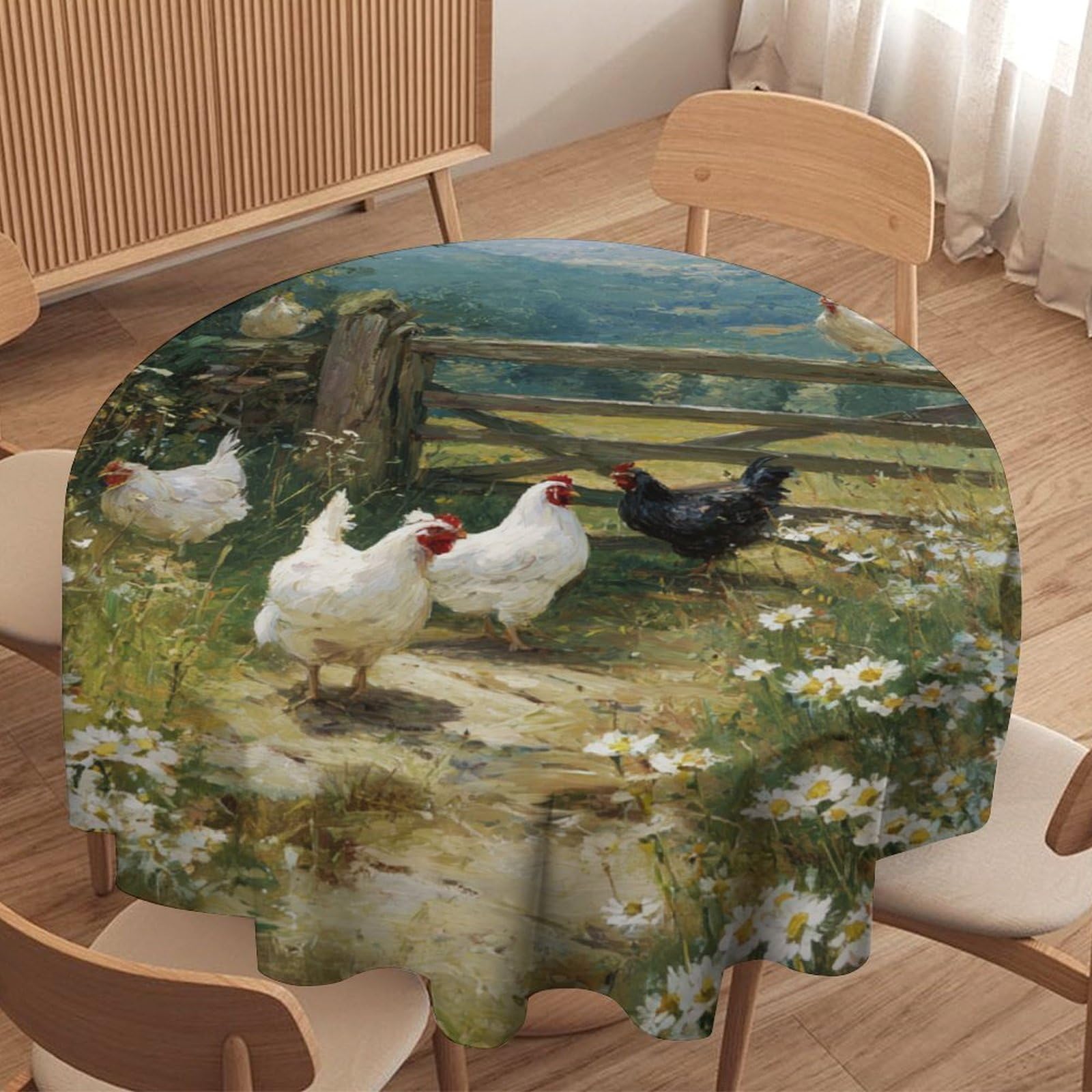Luyysky Vintage Rustic Watercolor Chickens Waterproof Round Tablecloth Modern Aesthetic Spring Daisies Farm Animals Roosters Washable Table Cover For Kitchen-91.4" Wx91.4 L Cm