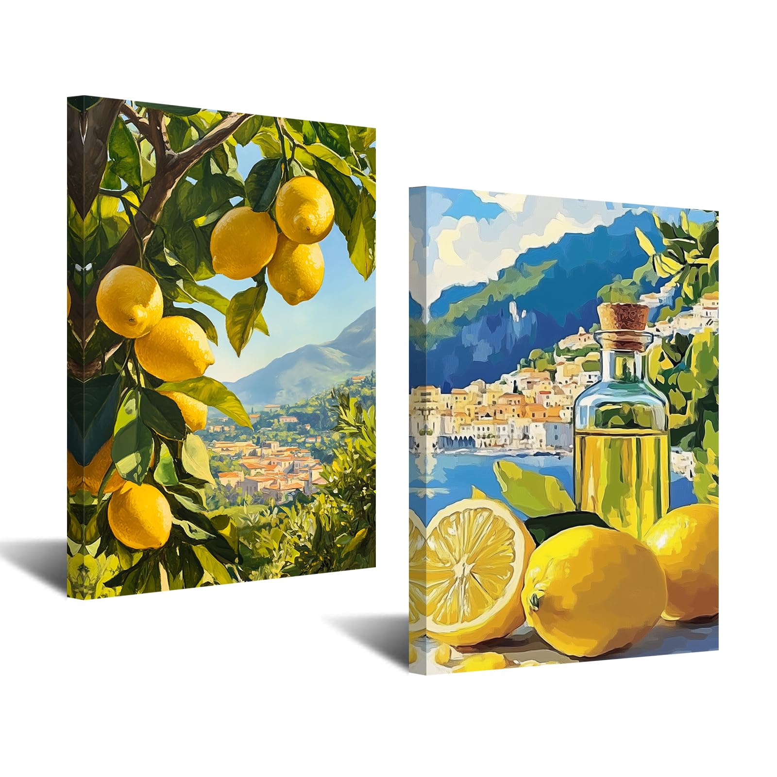 CXHOSTENT Kitchen Lemon Wall Decor 2 Panel Lemon Tree Pictures Wall Art Yellow Citrus Fruit Print Botanical Painting Farmhouse Artwork for Dining Room (Green, 11x14inchx2 Pieces)