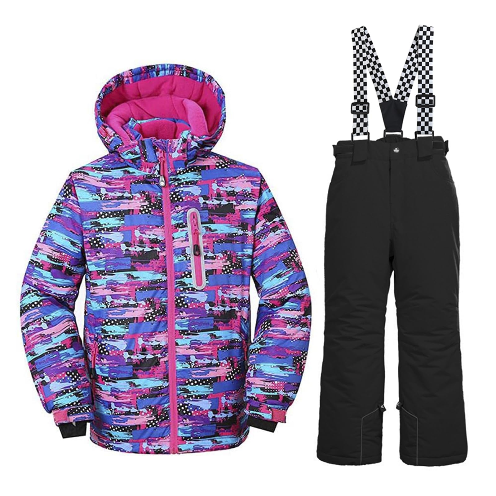 WOWULOVELY Girls Thicken Warm Snowsuit Hooded Skiing Jacket Pants 2 pcs Set Skiing Jacket with Pants