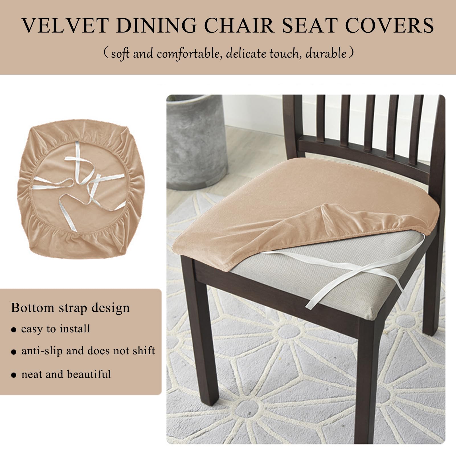 Funda de Asiento para Sillas Comedor, Fundas para Sillas Elásticas Funda para Asiento Silla Extraíble, Terciopelo Funda Asiento Silla (Caqui,6)