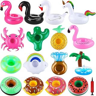 Tounature 16 Pack Inflatable Drink Holder Drink Floats Inflatable Cup Coasters Flamingo Unicorn Swan Coasters with Air Pump Inflatable Toy for Swimming Pool Party Supplies