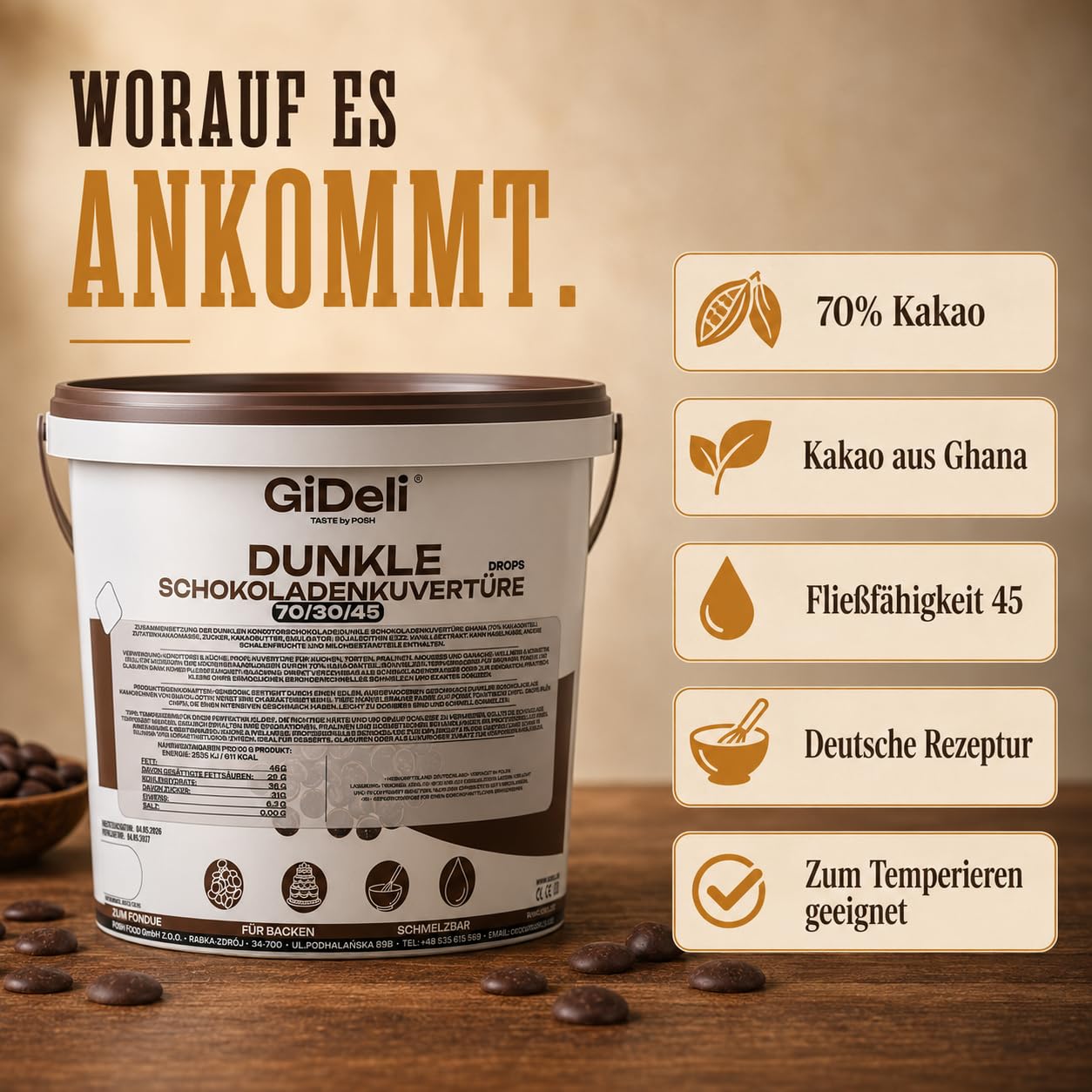GiDeli Dunkle Schokoladenkuvertüre 70% Drops 5kg im Eimer - Professionelle Zartbitterschokolade zum Temperieren - Kakao aus Ghana - Fließfähigkeit 45 - Ideal für Torten, Pralinen & Ganache