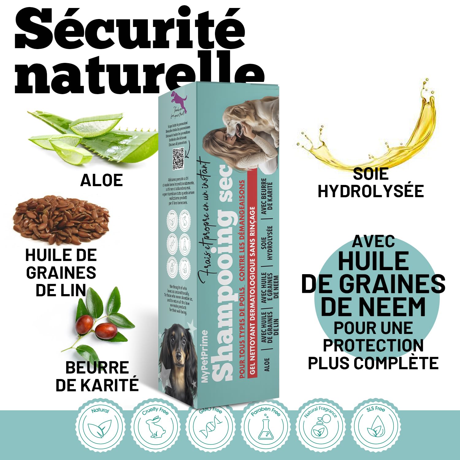MyPetPrime Shampooing Sec en Gel pour Chiens | sans Rinçage | Anti-Odeur | Dermatologique | Hygiénique, Anti-Démangeaisons | avec Huile de Graines de Neem | pour Toutes Races | Fabriqué en Italie