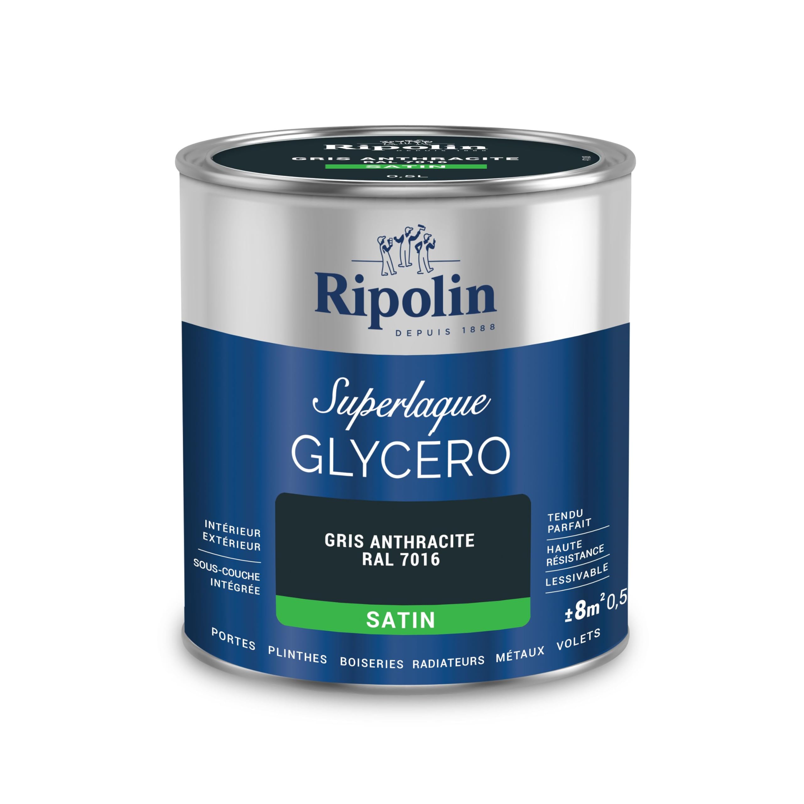 RIPOLIN - Peinture Laque Glycéro Intérieure/Extérieure - Boiseries et Structures Métalliques - Résistance Accrue - Durabilité Remarquable - Gris Anthracite Ral 7016 - Satin - 0,5L