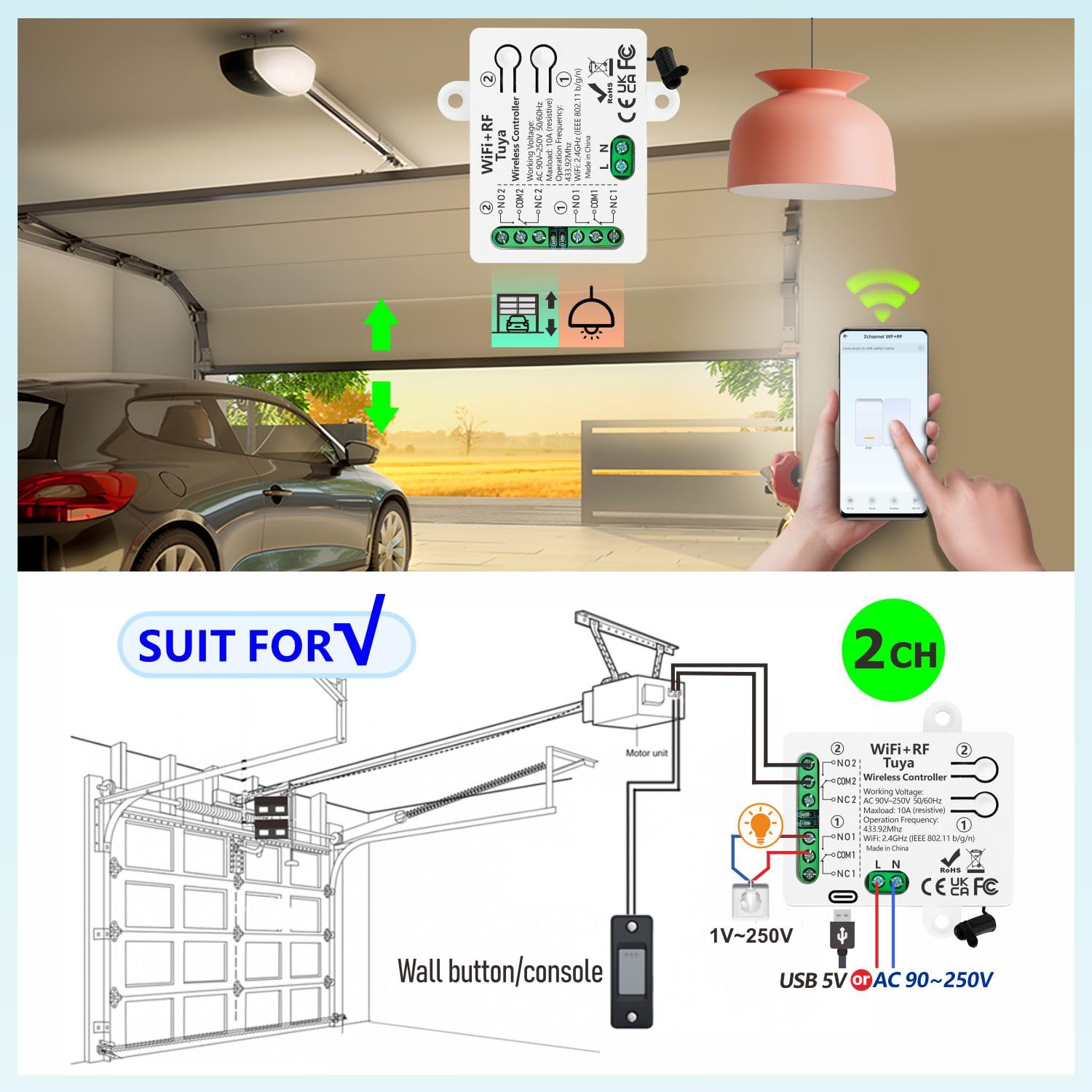 DieseRC Tuya Interruptor Inteligente WIFI de 2 Canales, Módulo Relé de Salida Pasiva AC 90V-250V 220V, con 2x Mando a Distancia RF, Compatible con Alexa/Google Home