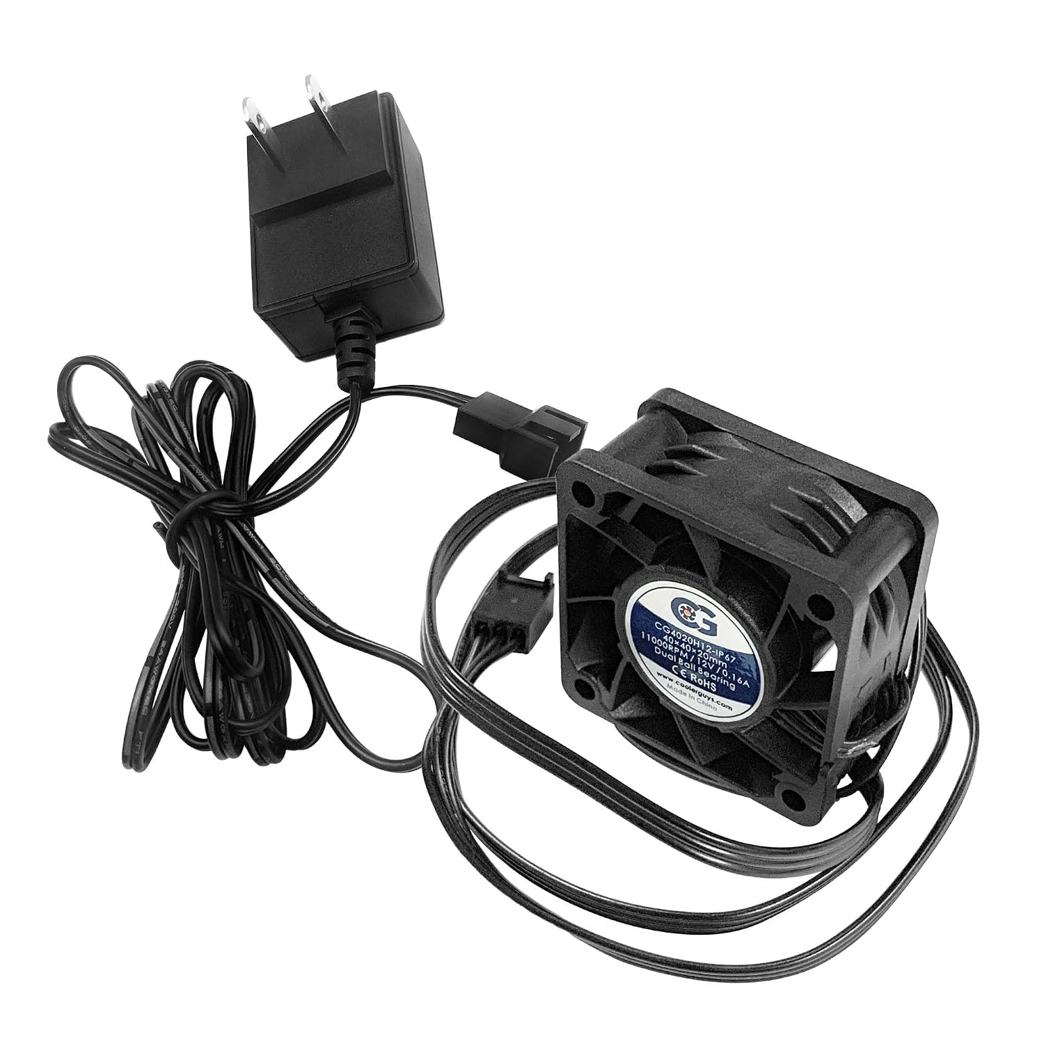 Coolerguys Waterproof IP67 Fan & 12V Power Supply Bundle – High-Speed 40x20mm Fan with AC to DC Adapter (100-240V to 12V 1A, 3-Pin/4-Pin Connector)