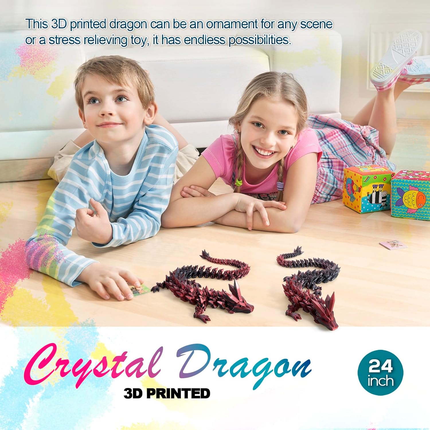 24" Large 3D Printed Dragon, Big 3D Dragon ,Giant 3-d Printed Dragons Toy, Huge 3D Dragons for Home Office Executive Desk Decor,Surprised Gift for Girls Boys Kids Age 3-5 4-7 8-12（24 inch, Red Black）