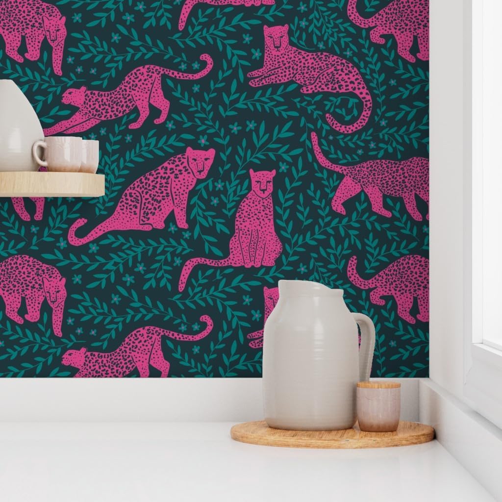 Spoonflower Peel & Stick Wallpaper 3ft x 2ft - Jungle Cat Dark Teal Pink Leopard Jaguar Jewel Tone Custom Removable Wallpaper