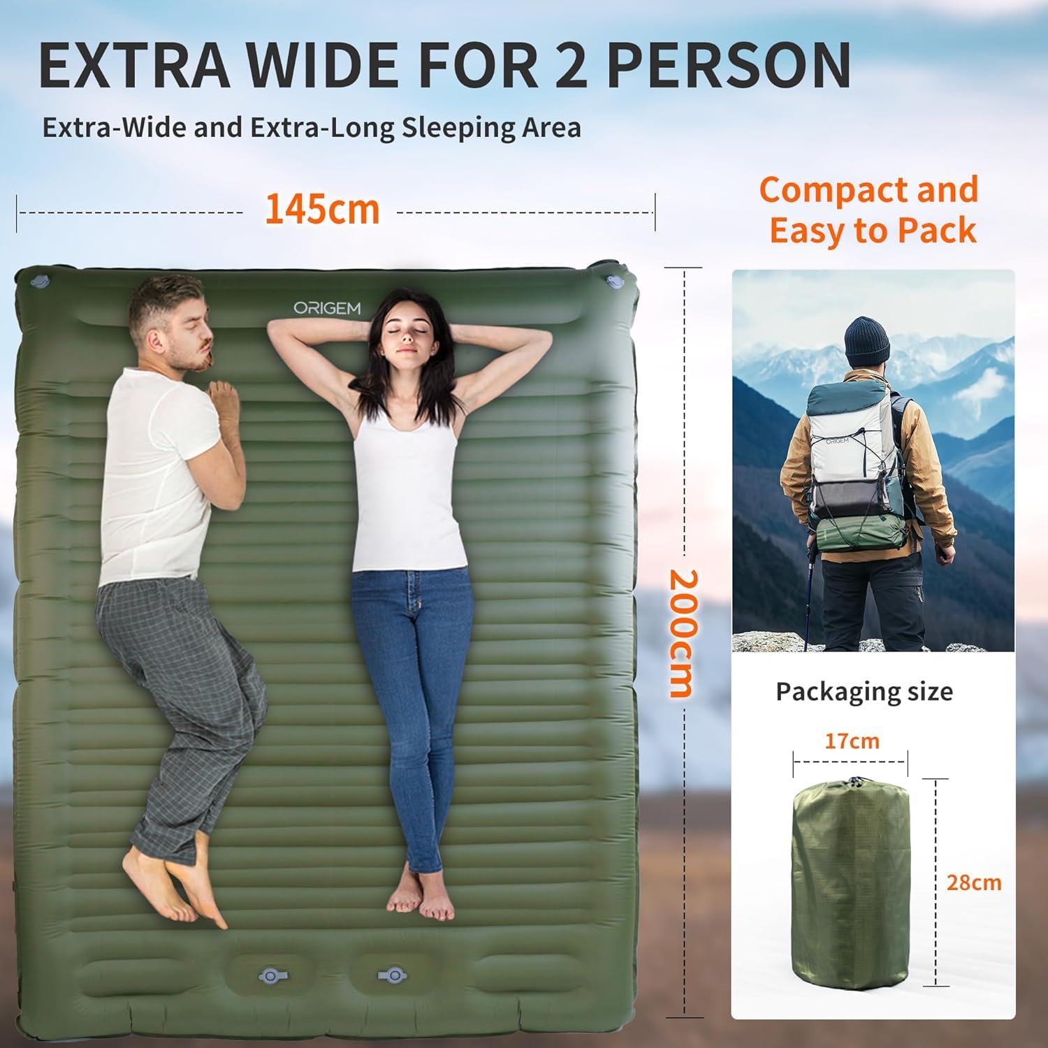 Origem Materasso Matrimoniale Autogonfiante 14 cm Portatile da Campeggio | Materassino gonfiabile matrimoniale spesso per trekking, tenda, casa e viaggio; letto doppio comodo e portatile