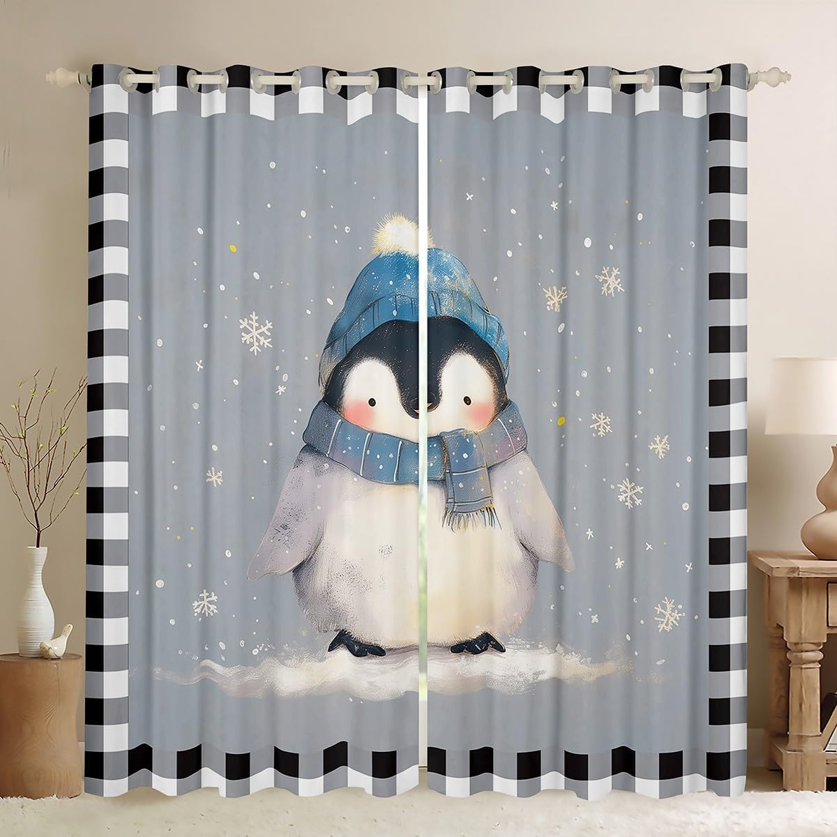 Kawaii Penguin Kids Blackout Curtain,Actic Pole Cartoon Animal Winter Snowflake Window Drapes for Boys Girls,Geometric Grids Patchwork Grey Window Treatments Grommet Top 2 Panel Set,42Wx90L inch